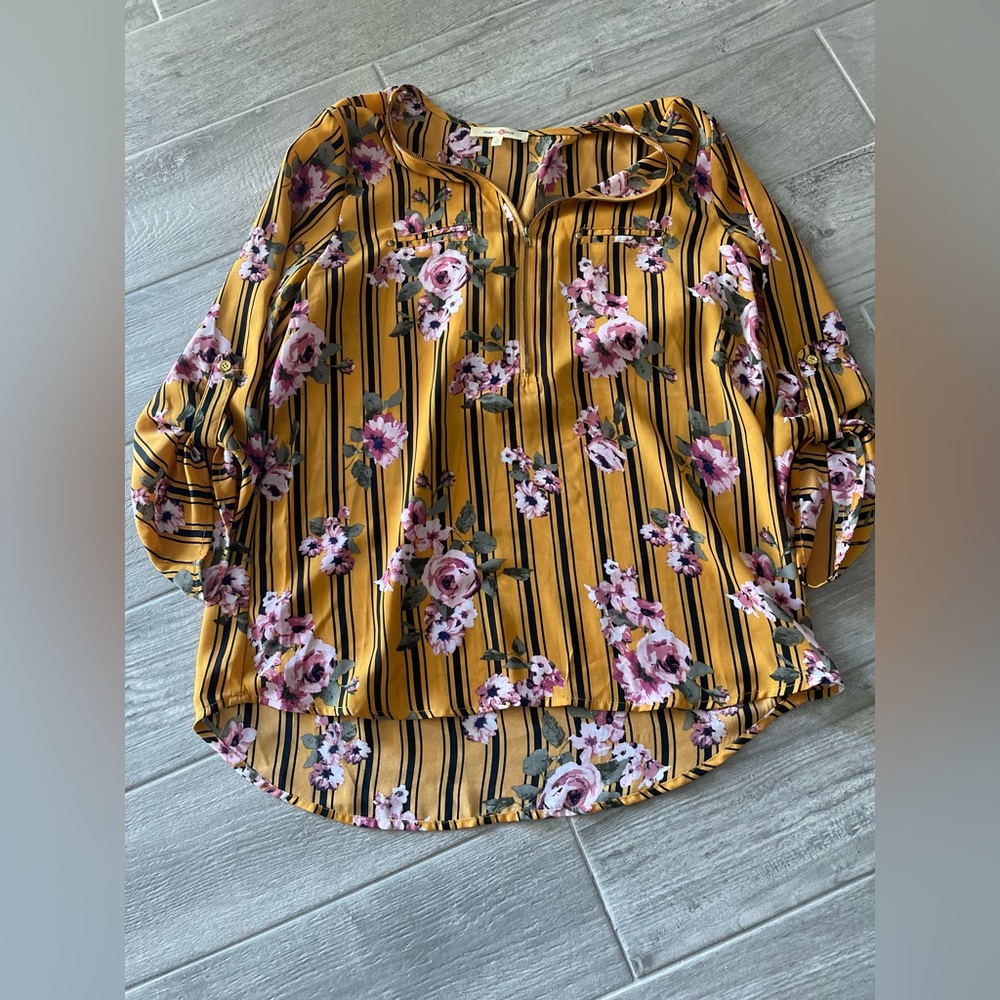 Wishful Park Mustard Floral Striped Blouse